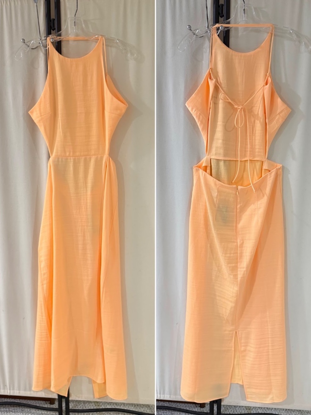 H&M Peach Apricot Cutout Halter Maxi Dress Open Back Tie Detail Size S